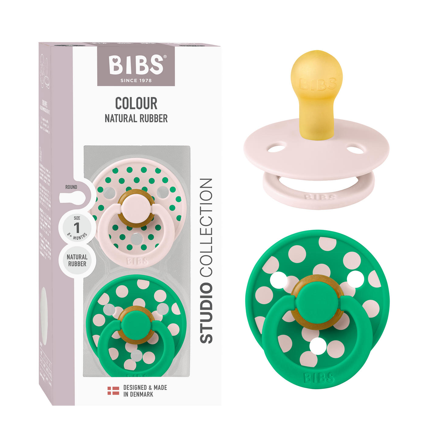 BIBS Pacifier Studio Colour Round 2 PACK Polka Latex Size 1 Petal/Cactus