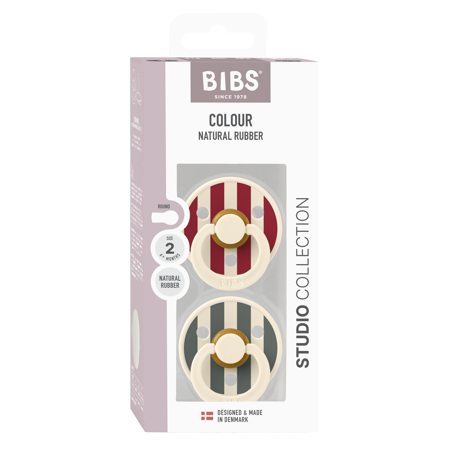 BIBS Pacifier Studio Block Colour Round Pack of 2 Latex Size 2 - Ruby/Pine Mix