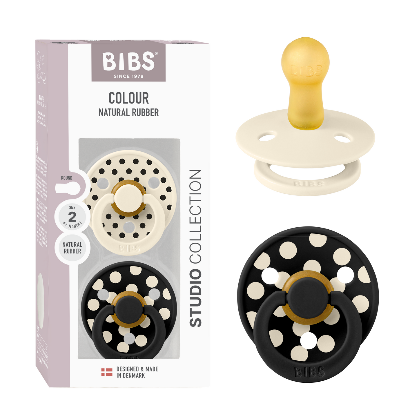 BIBS Pacifier Studio Colour Round 2 PACK Polka Latex Size 2 Ivory/Black