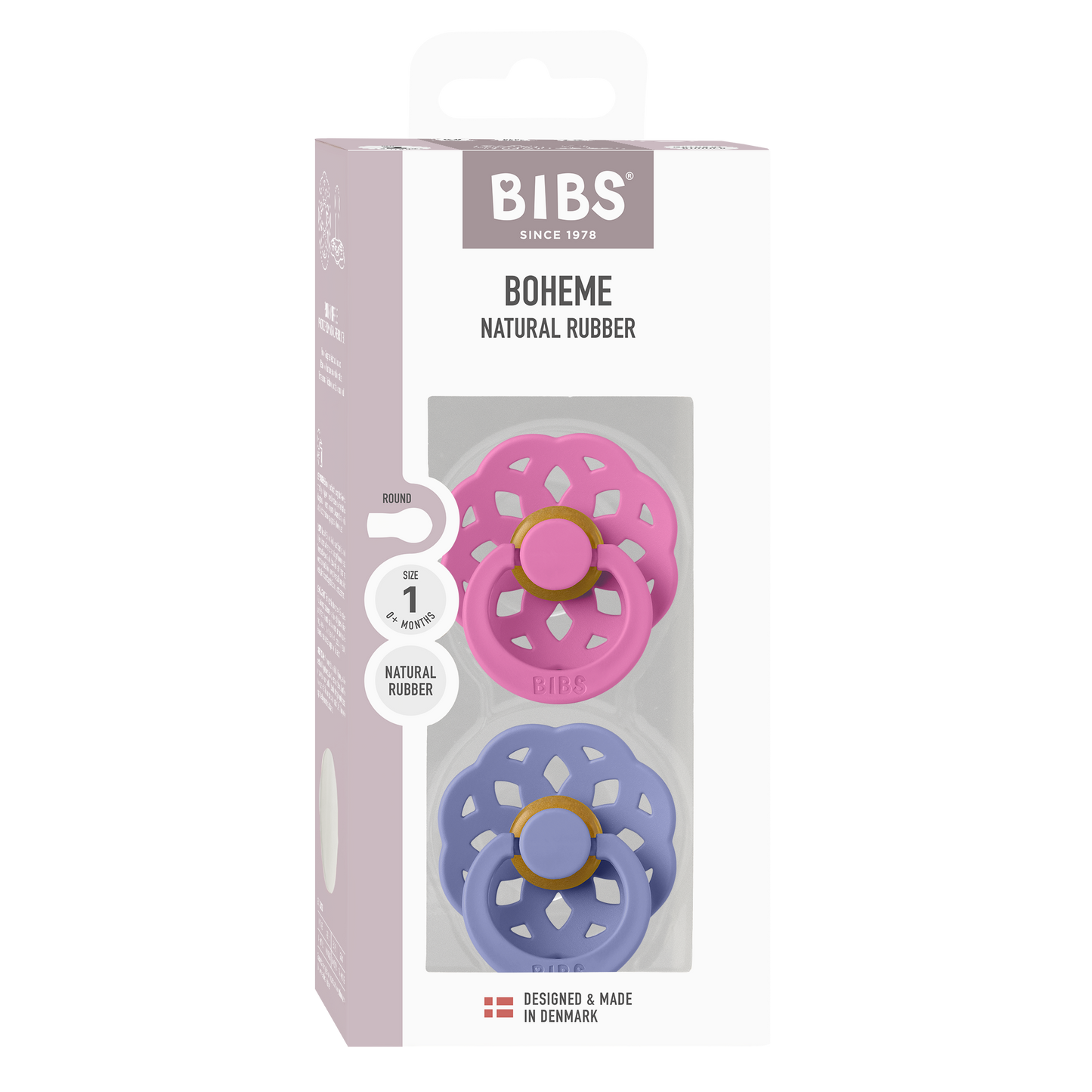 BIBS Pacifier Boheme 2 PACK Latex Size 1 Bubblegum/Peri