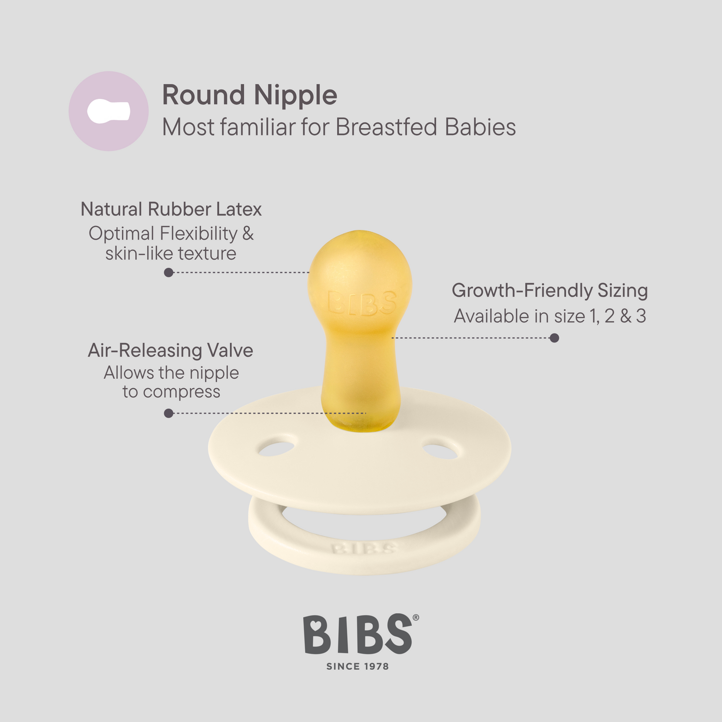 BIBS Pacifier Colour Round 2 PACK Latex Size 1 Sand/Iron
