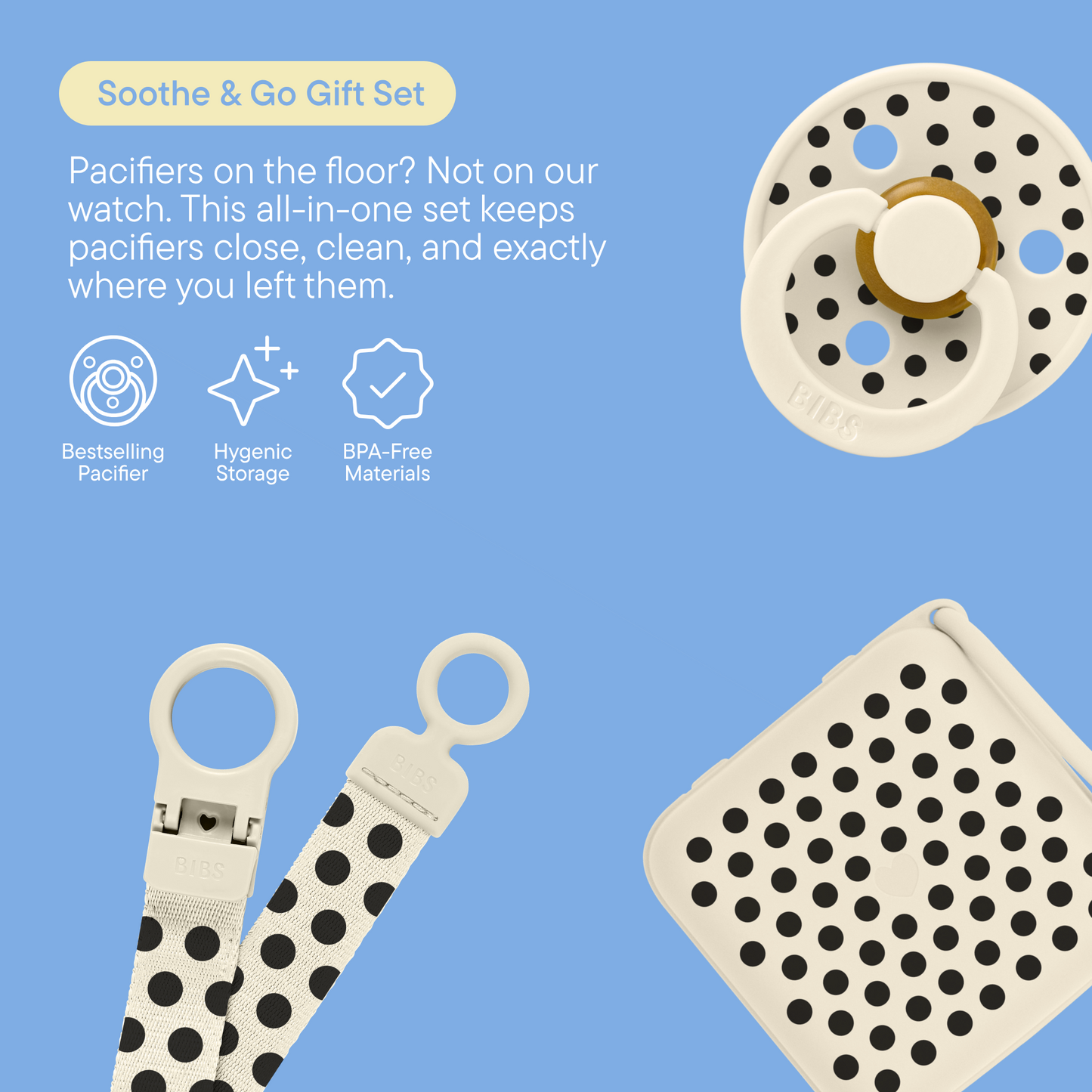 BIBS Gift Set Studio Polka Soothe & Go Latex Size 2 Ivory Black