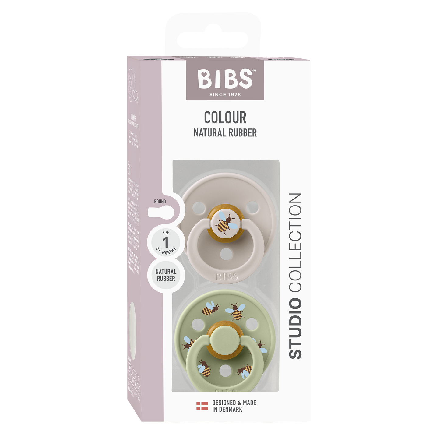 BIBS STUDIO Colour Round Pacifiers 2 Pack Bumblebee Size 1 - Mushroom/Sage