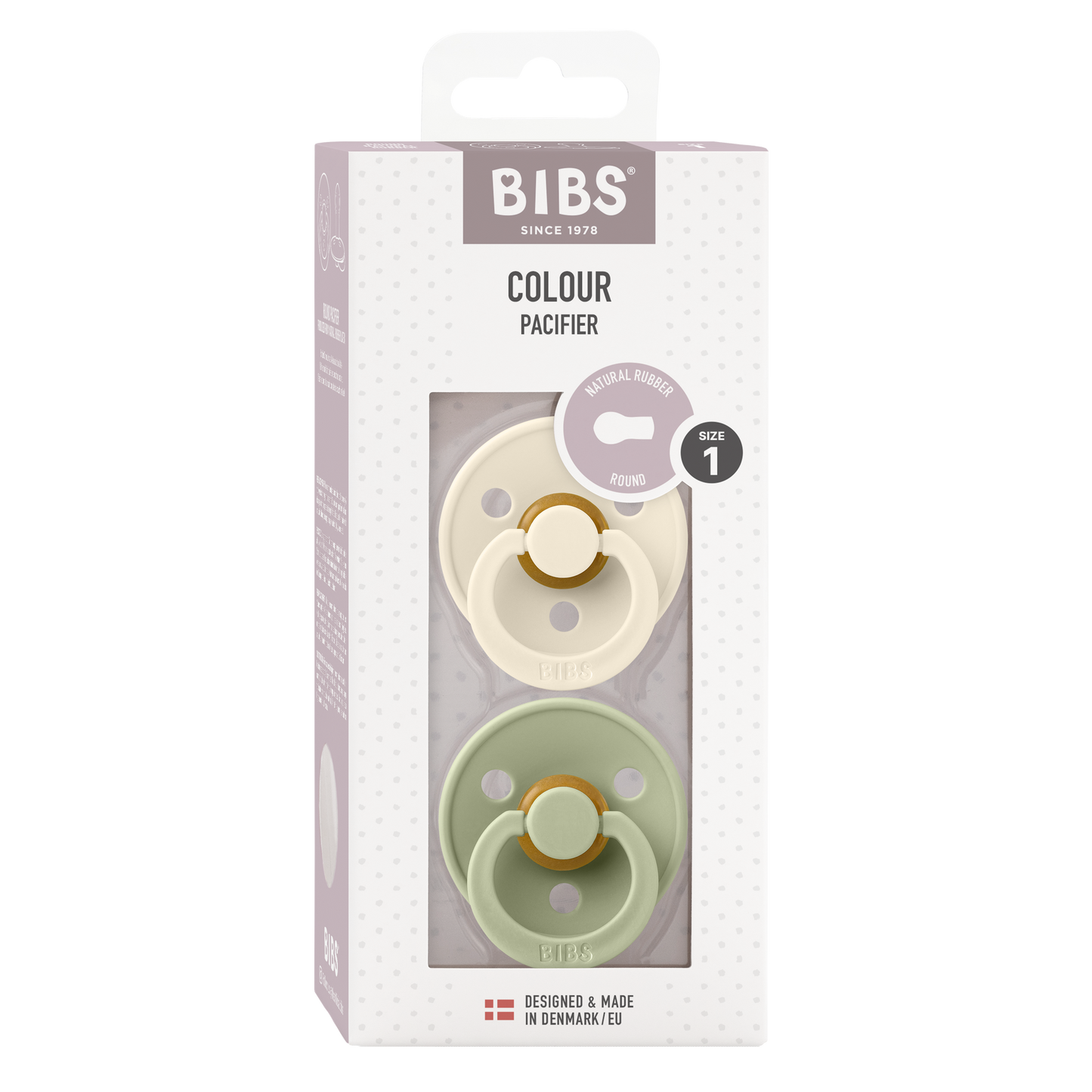 لهاية BIBS دائرية ملونة، عبوة من قطعتين، مصنوعة من اللاتكس، مقاس 1، لون عاجي/أخضر فاتح