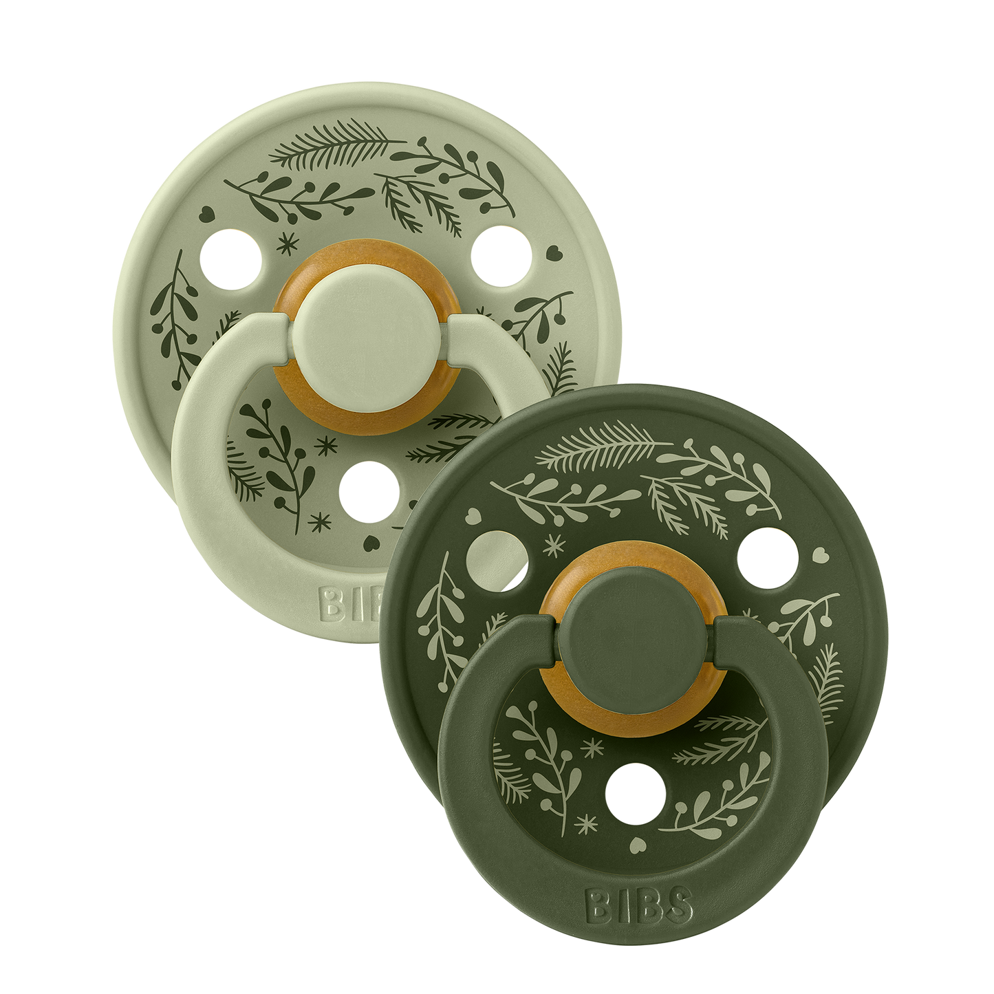 BIBS Pacifier Colour Round Holiday Leaf 2 PACK Latex Size 1 Sage/Hunter Green
