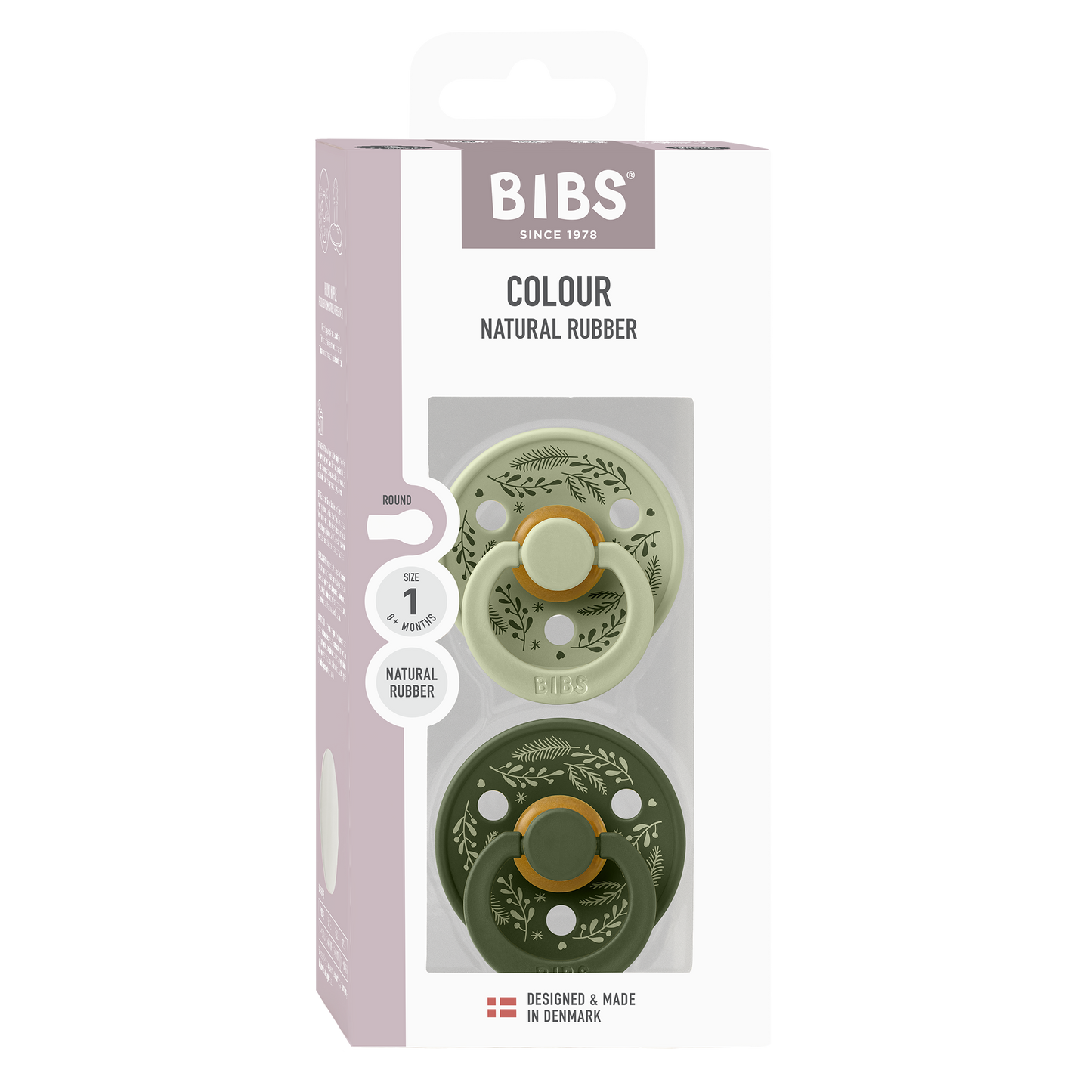 BIBS Pacifier Colour Round Holiday Leaf 2 PACK Latex Size 1 Sage/Hunter Green