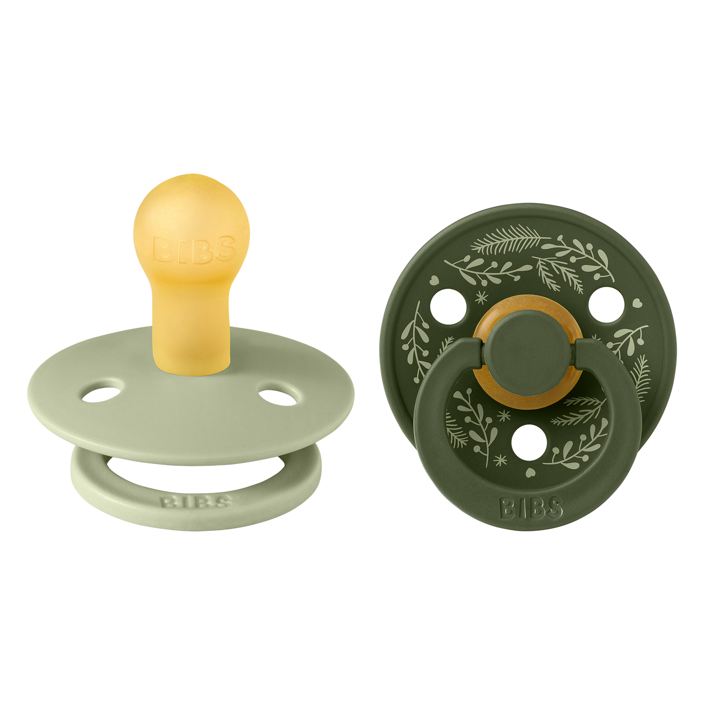 BIBS Pacifier Colour Round Holiday Leaf 2 PACK Latex Size 1 Sage/Hunter Green