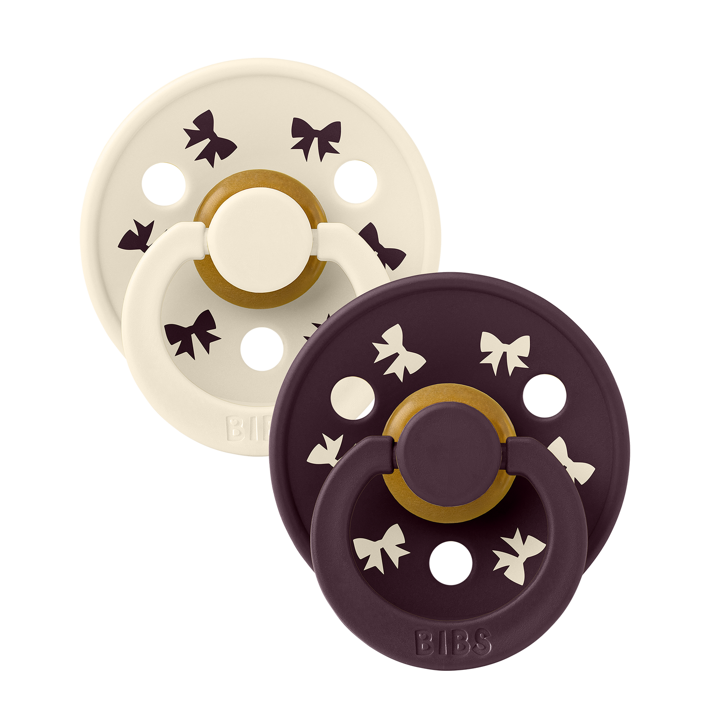 BIBS Pacifier Colour Round Holiday Bow 2 PACK Latex Size 1 Ivory/Plum