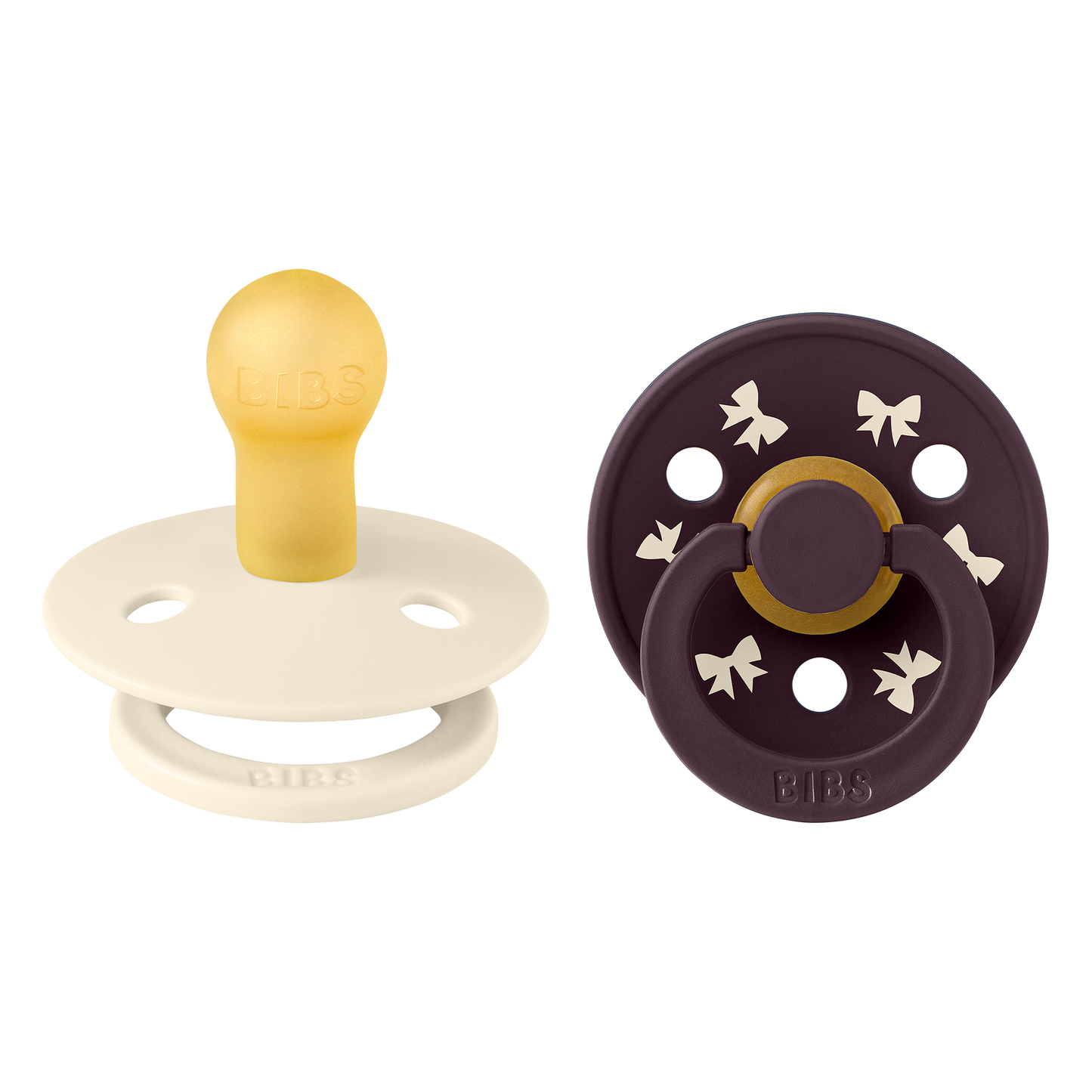 BIBS Pacifier Colour Round Holiday Bow 2 PACK Latex Size 1 Ivory/Plum