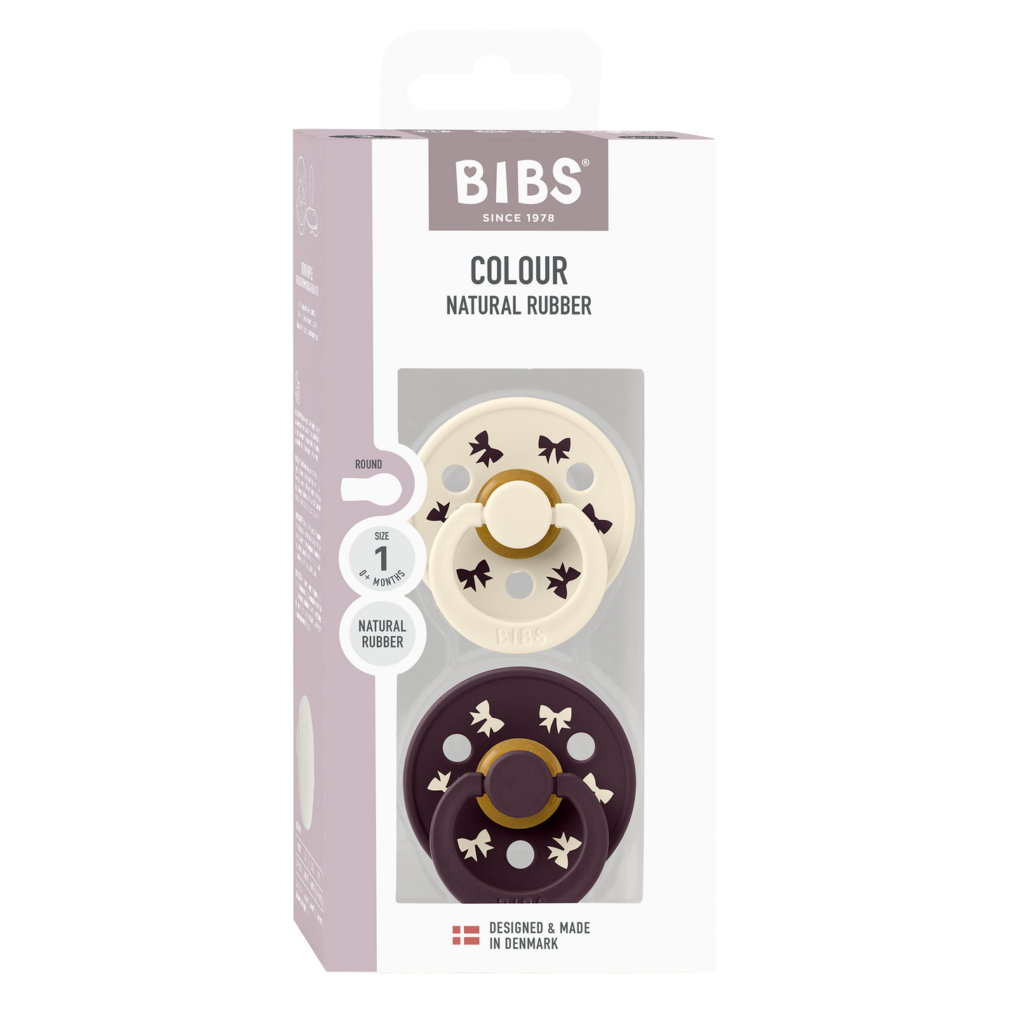 BIBS Pacifier Colour Round Holiday Bow 2 PACK Latex Size 1 Ivory/Plum