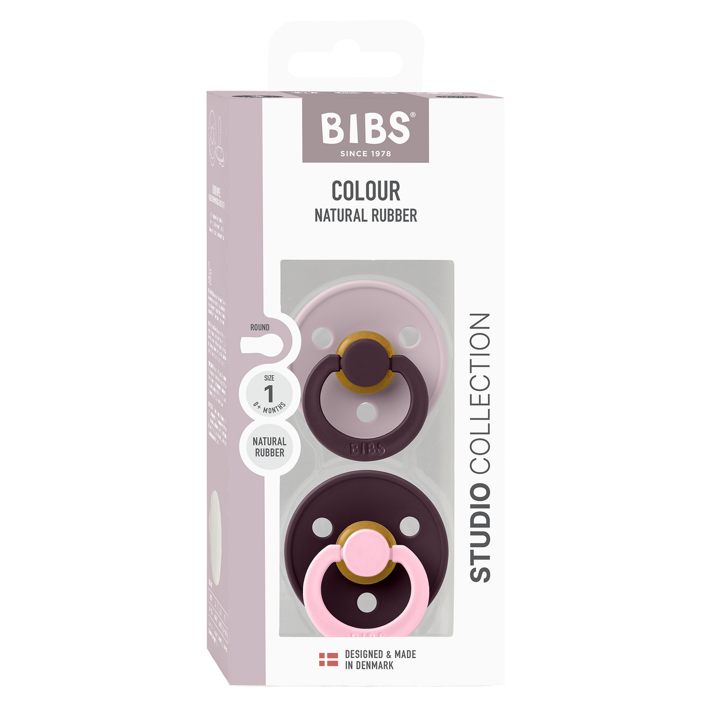 BIBS Pacifier Studio Colour Round 2 PACK Fusion Latex Size 1 Dusky Lilac Plum mix