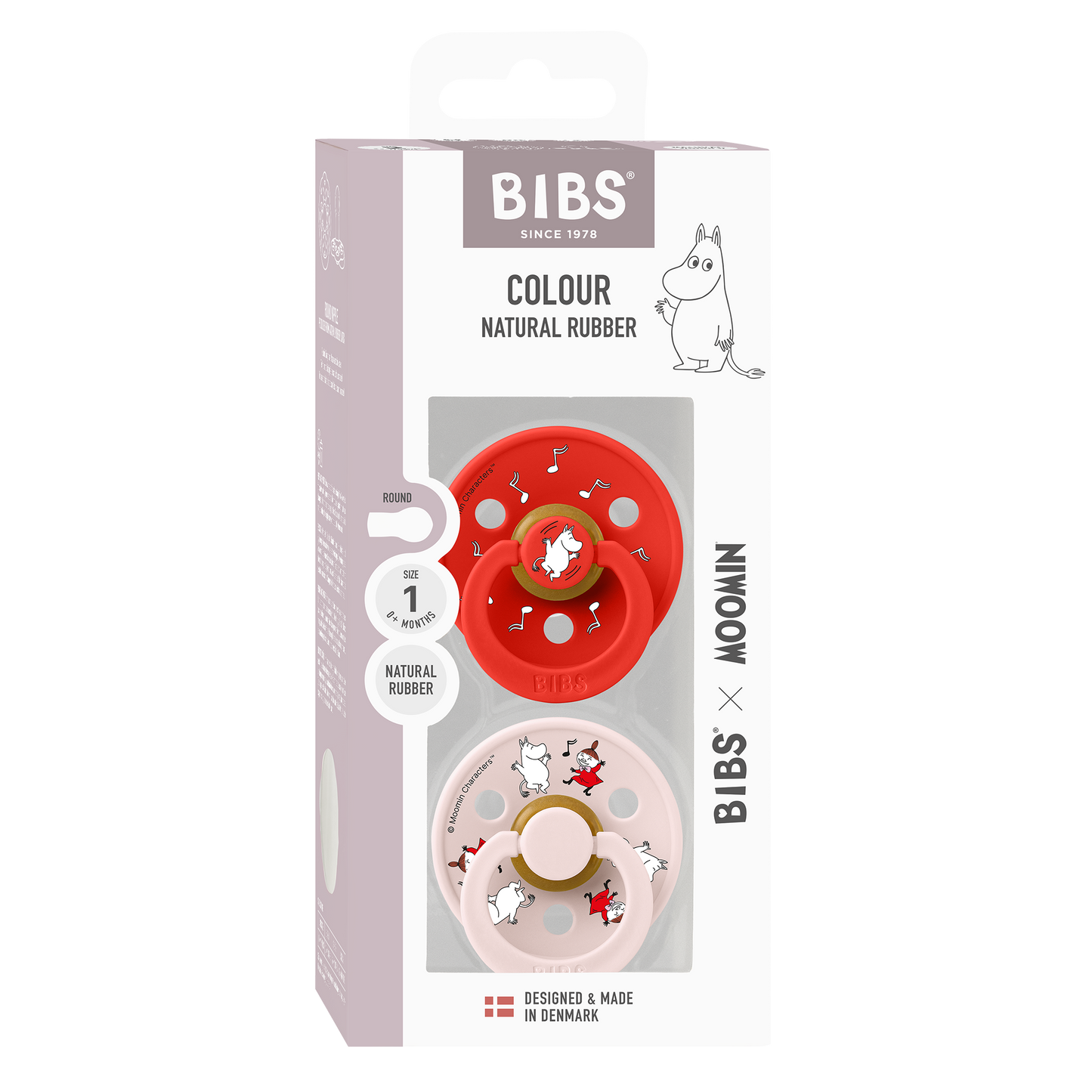 علبة لهايات BIBS x Moomin بلون عاجي، عبوة من قطعتين من لهايات Moomin بألوان متنوعة، مصنوعة من اللاتكس الراقص، مقاس 1، بنكهة حلوى التفاح