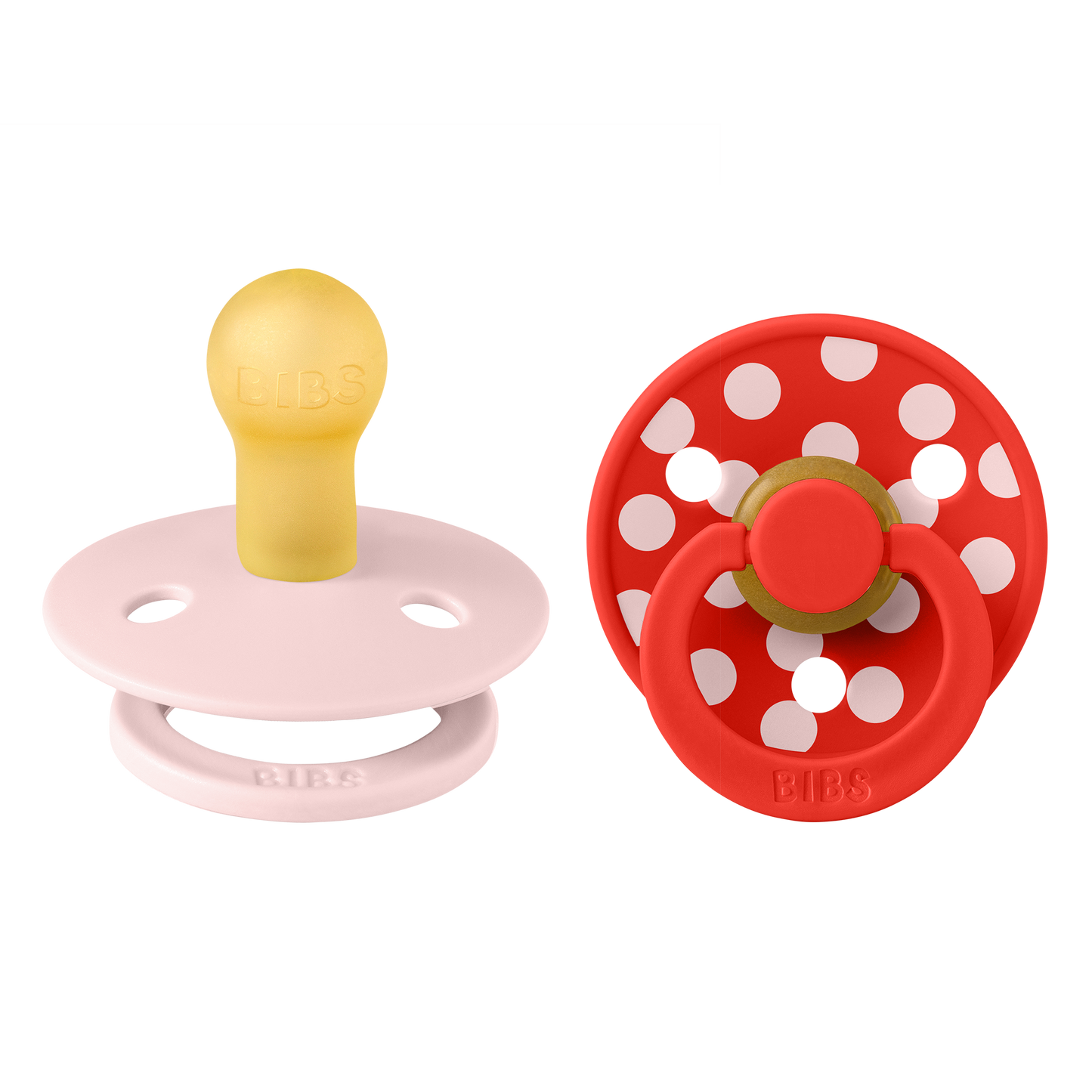 BIBS Pacifier Studio Colour Round 2 PACK Polka Latex Size 1 Blossom/Candy Apple