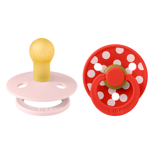BIBS Pacifier Studio Colour Round 2 PACK Polka Latex Size 1 Blossom/Candy Apple
