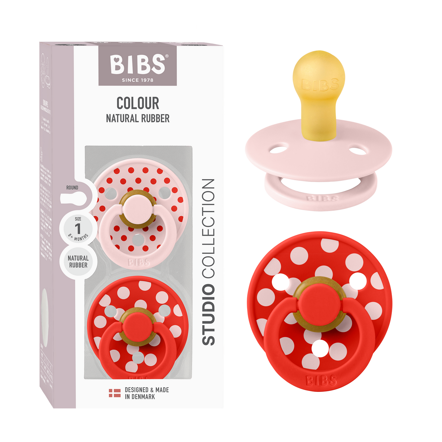 BIBS Pacifier Studio Colour Round 2 PACK Polka Latex Size 1 Blossom/Candy Apple