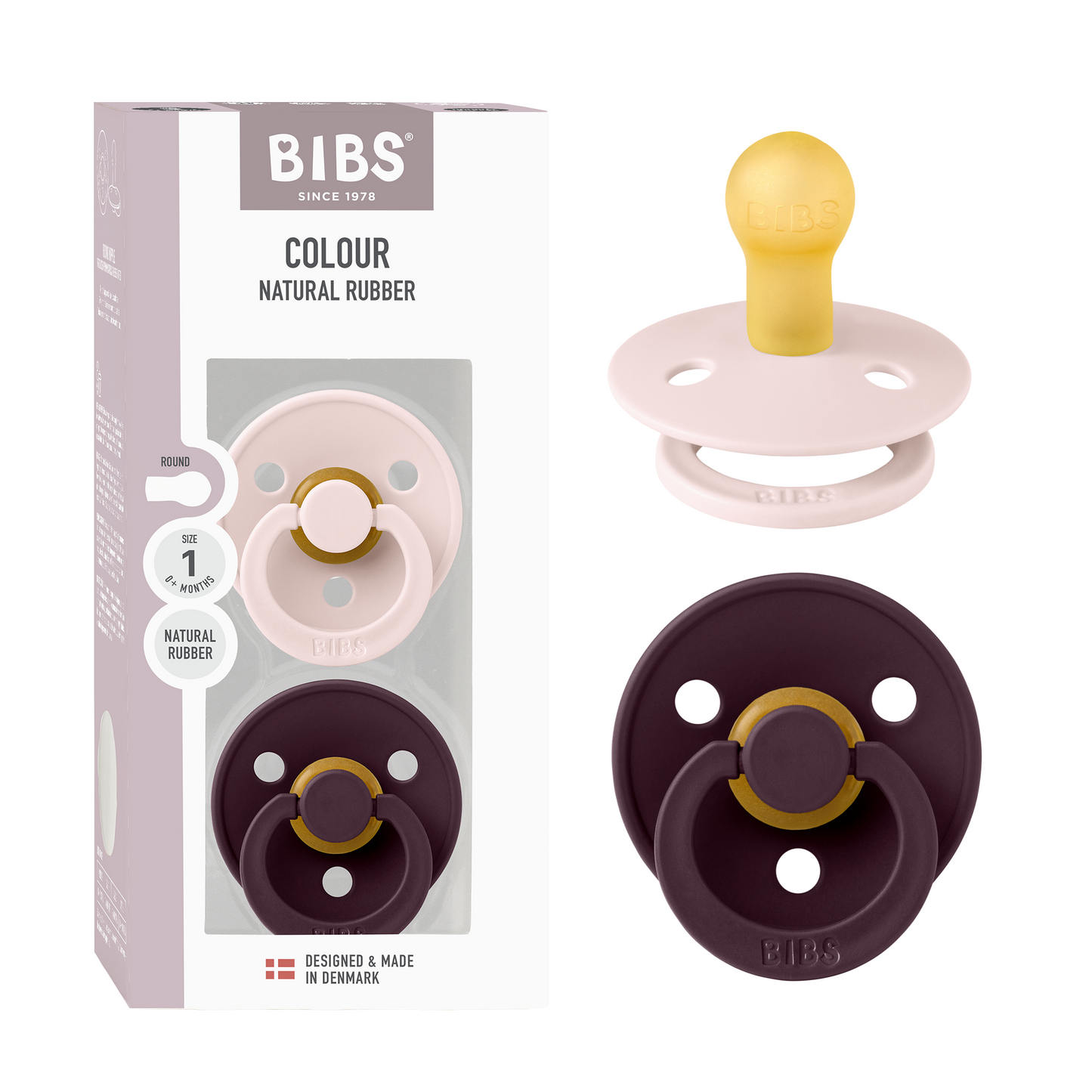 BIBS Pacifier Colour Round 2 PACK Latex Size 1 Petal/Plum