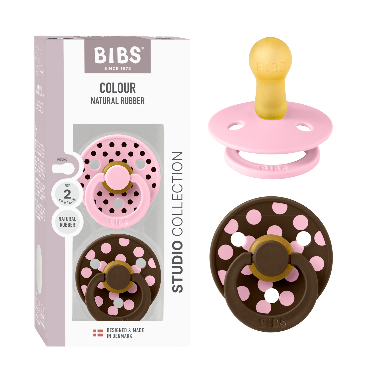 BIBS Pacifier Studio Colour Round 2 PACK Polka Latex Size 2 Baby Pink/Mocha