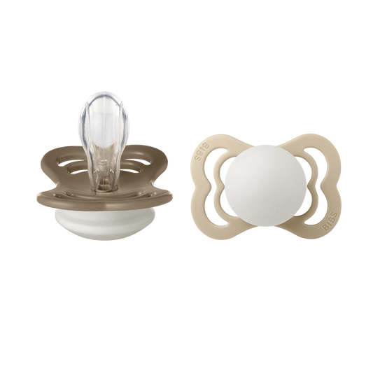 لهاية BIBS Pacifier Supreme، عبوة من قطعتين، سيليكون، مقاس 1، لون فانيليا متوهج/بلوط داكن متوهج