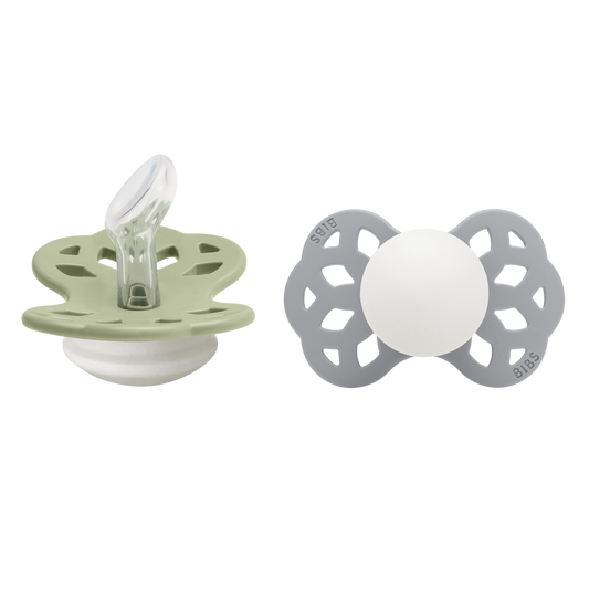 BIBS Pacifier Infinity 2 PACK Anatomical Silicone Size 1 Sage GLOW/Cloud GLOW