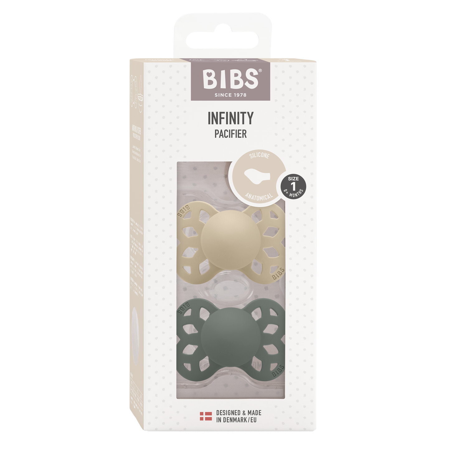 BIBS Pacifier Infinity 2 PACK Anatomical Silicone Size 1 Vanilla/Pine