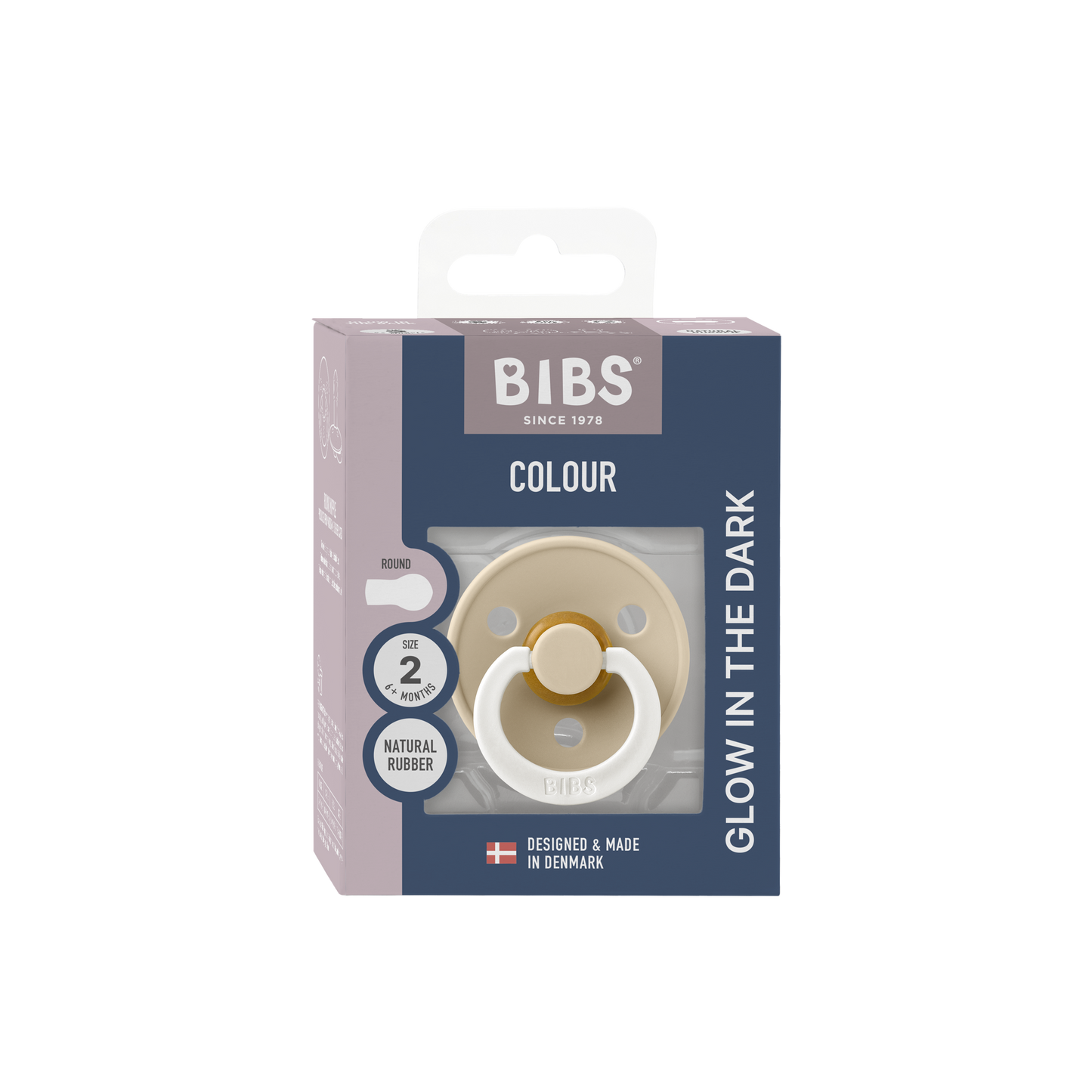 BIBS Pacifier Colour Round 1 PACK Latex Size 2 Vanilla GLOW