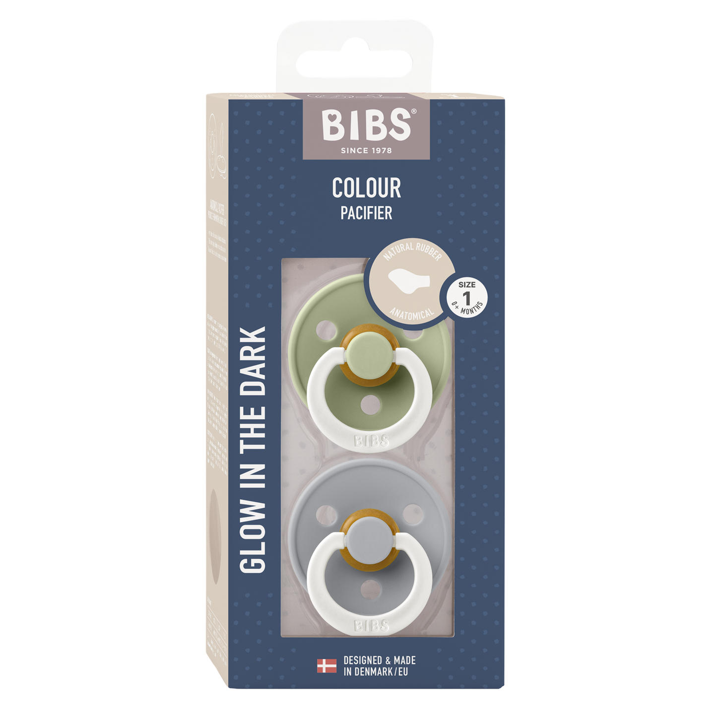 BIBS Pacifier Colour 2 PACK Latex Size 1 Anatomical Sage GLOW/Cloud GLOW