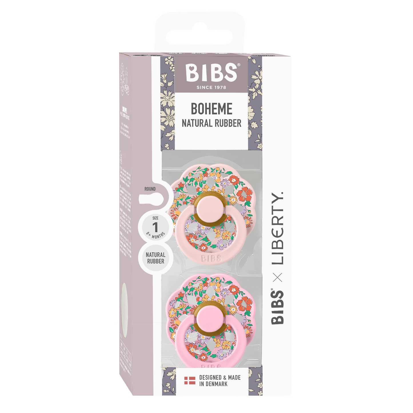 BIBS x Liberty Pacifier Boheme 2 PACK Oscar Meadow Latex Size 1 Blossom Mix