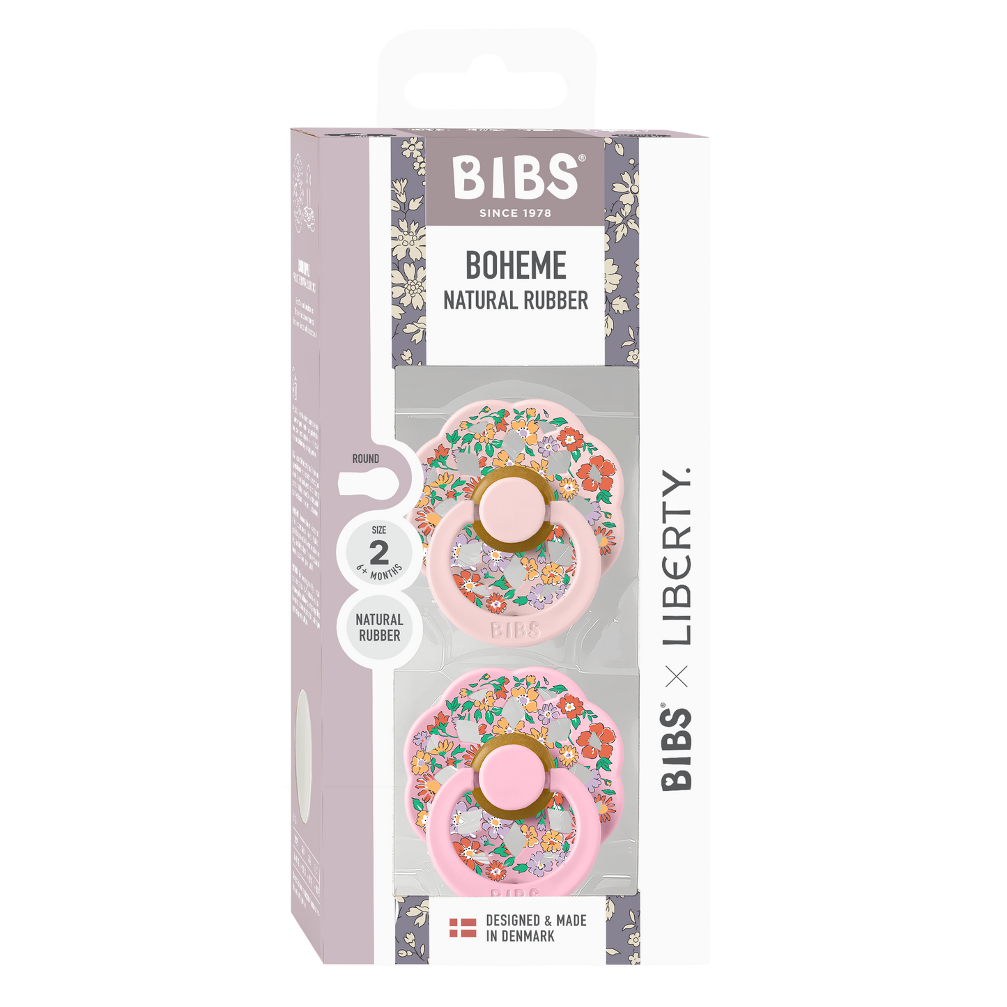 BIBS x Liberty Pacifier Boheme 2 PACK Oscar Meadow Latex Size 2 Blossom Mix