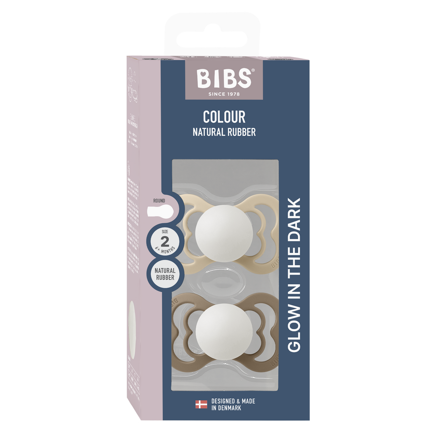 لهاية BIBS Pacifier Supreme، عبوة من قطعتين، سيليكون، مقاس 2، لون فانيليا متوهج/بلوط داكن متوهج