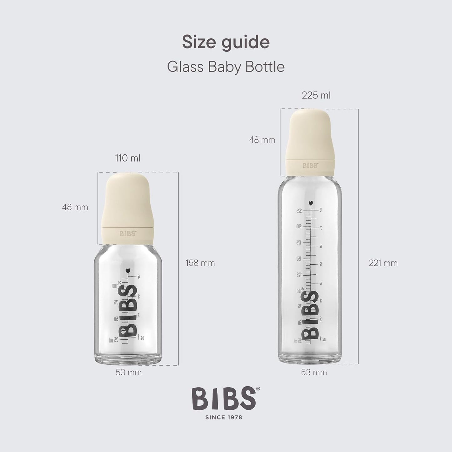 BIBS Glass Baby Bottle Round Latex 1 pack 110 ml Ivory