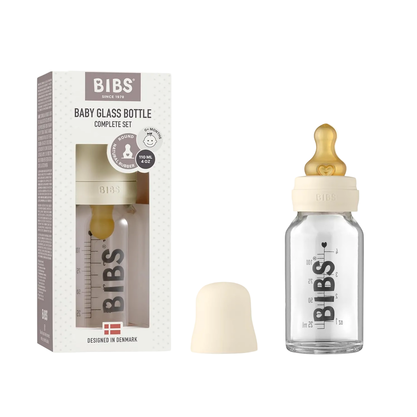 BIBS Glass Baby Bottle Round Latex 1 pack 110 ml Ivory