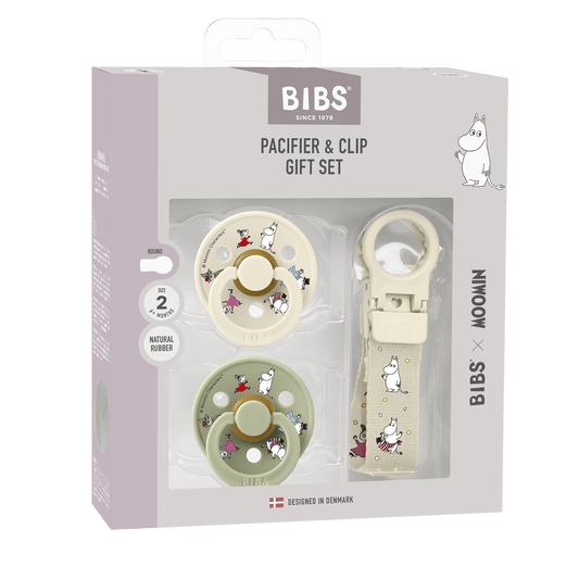 BIBS x Moomins Colour Pacifier & Loop Clip Gift Set Latex Round Size 2 Ivory/Sage