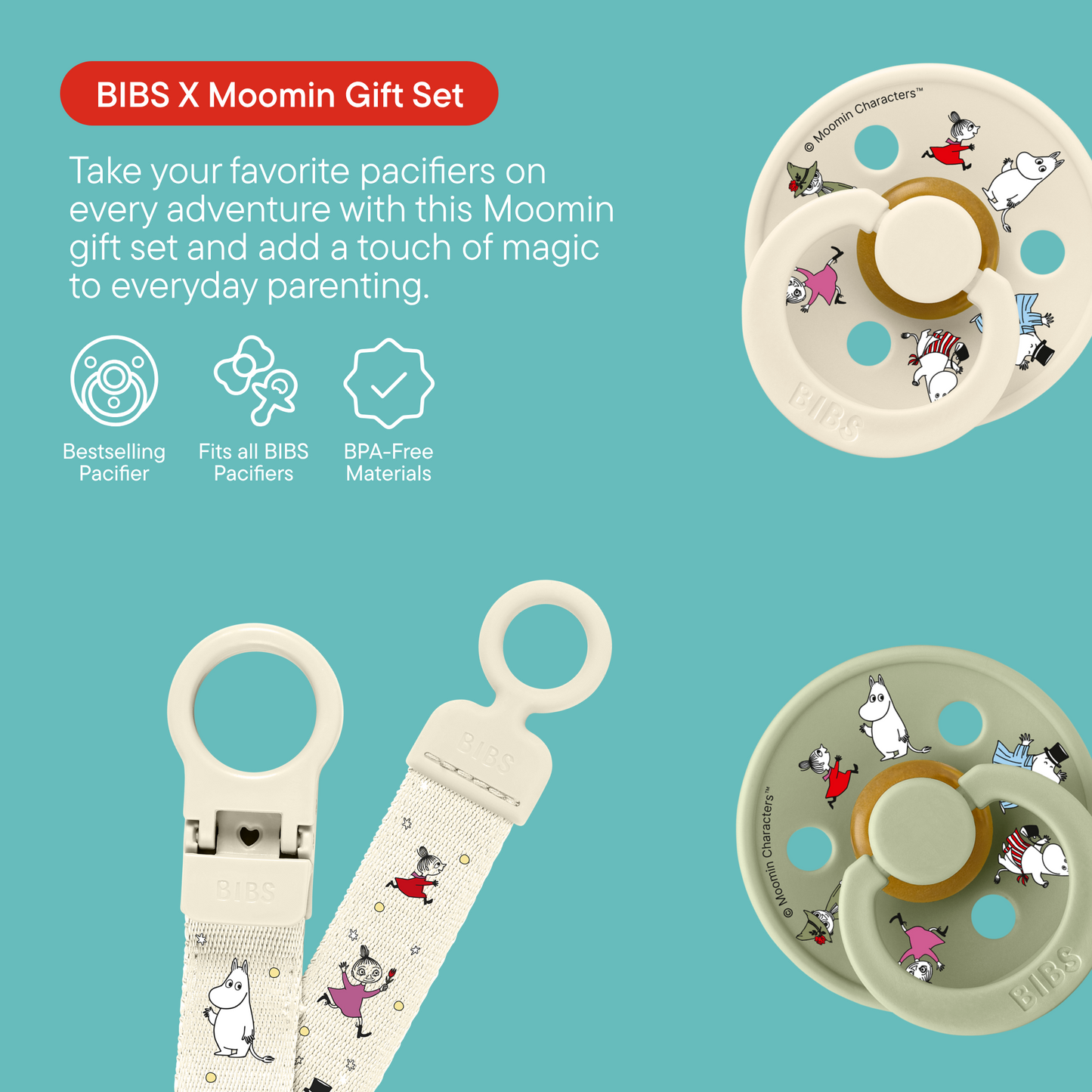 BIBS x Moomins Colour Pacifier & Loop Clip Gift Set Latex Round Size 2 Ivory/Sage