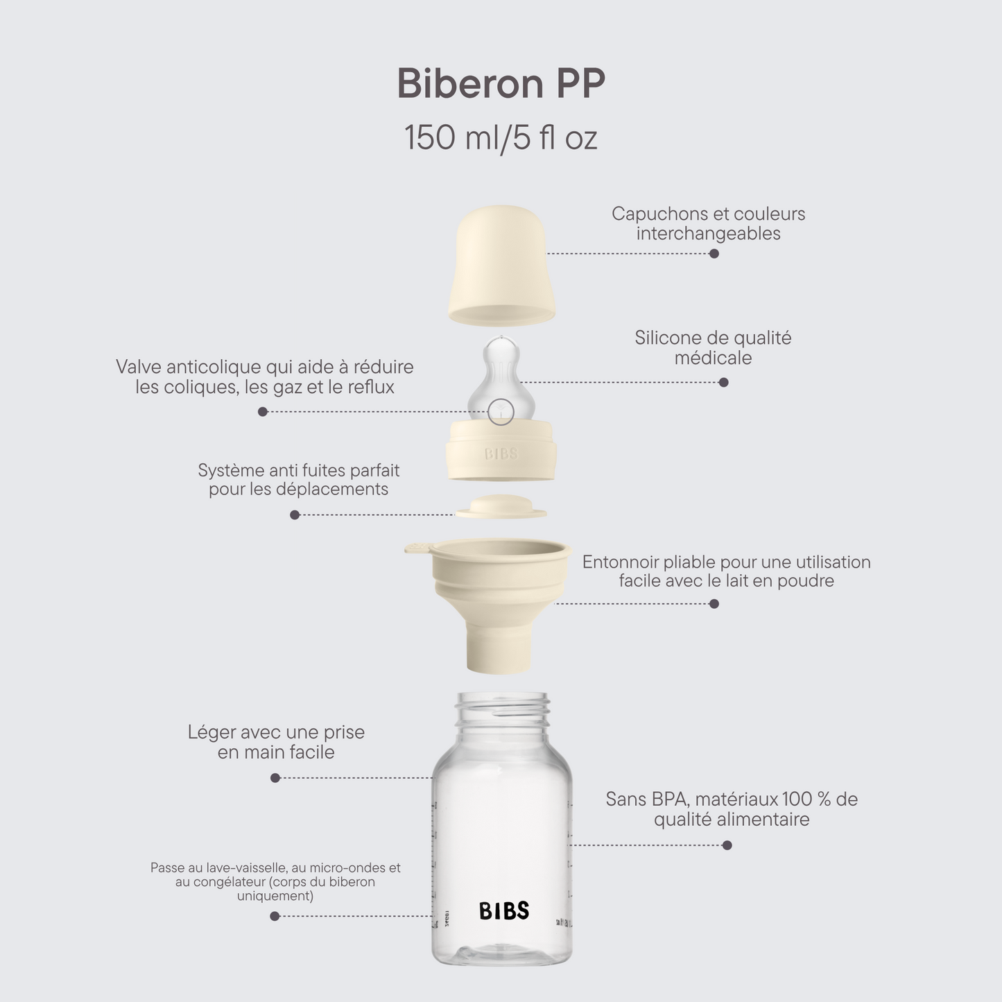 طقم زجاجات رضاعة سيليكون دائرية للأطفال من بيبس، سعة 150 مل / 270 مل، لون عاجي