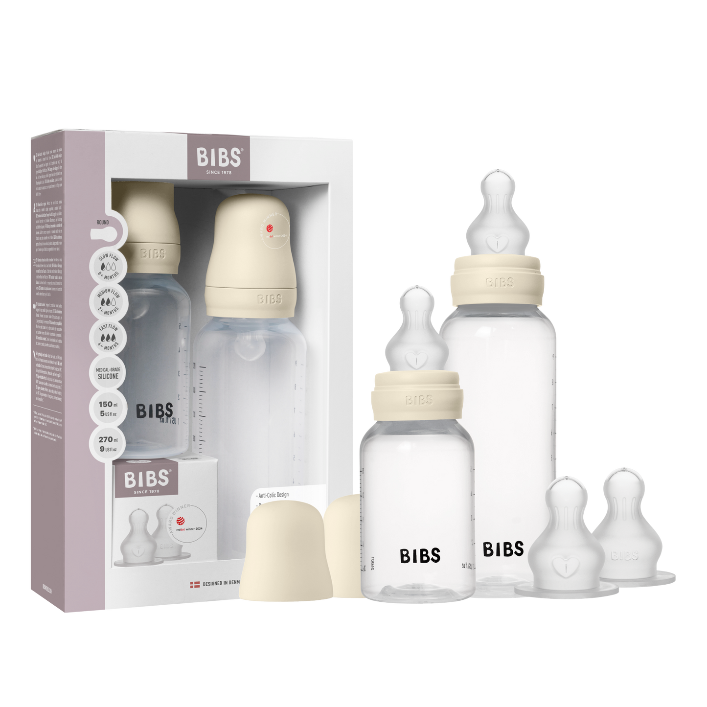 طقم زجاجات رضاعة سيليكون دائرية للأطفال من بيبس، سعة 150 مل / 270 مل، لون عاجي